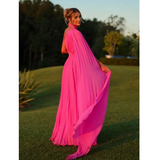 Elegant Long Chiffon Hot Pink Evening Dresses With Cape A-Line One Shoulder Prom Dress HZ1022
