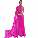 Elegant Long Chiffon Hot Pink Evening Dresses With Cape A-Line One Shoulder Prom Dress HZ1022