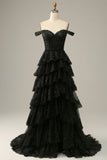 A line Off Shoulder Black Lace Long Prom Dress With High Slit HZ1022