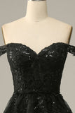 A line Off Shoulder Black Lace Long Prom Dress With High Slit HZ1022