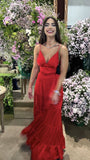Simple A line Spaghetti Straps Red Long Prom Dress HZ1022