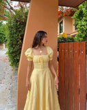 Light Yellow A-line Prom Dress with Puff Sleeves HZ1022
