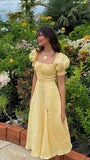 Light Yellow A-line Prom Dress with Puff Sleeves HZ1022