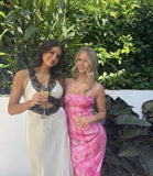 Sexy Sheath Spaghetti Straps Floral Pink Long Backless Prom Dress HZ1022