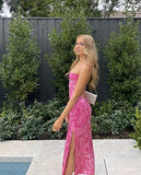 Sexy Sheath Spaghetti Straps Floral Pink Long Backless Prom Dress HZ1022