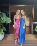 Sexy Sheath Spaghetti Straps Floral Pink Long Backless Prom Dress HZ1022