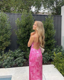 Sexy Sheath Spaghetti Straps Floral Pink Long Backless Prom Dress HZ1022