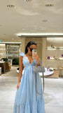 Sexy A Line Straps Light Sky Blue Floor Length Prom Dress HZ1022