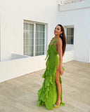 Sexy A line Halter Ruffles Floor Length Chiffon Green Prom Dress HZ1022