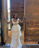 Sexy A Line Straps Floor Length White Lace Prom Dress HZ1022