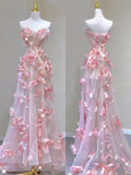 Elegant A line Strapless Tulle Floral Pink Prom Dress HZ1022