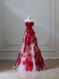 Elegant A line Strapless Tulle Floral Red Prom Dress HZ1022