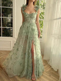 A line Green Corset Long Tulle Prom Dress With 3D Butterflies HZ1022