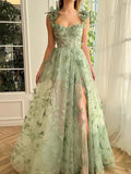 A line Green Corset Long Tulle Prom Dress With 3D Butterflies HZ1022