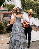 Sparkly Ball Gown Prom Gown With Strapless Silver Prom Dress For Teens HZ1022