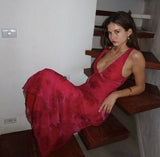 Beautiful Mermaid Prom Gown Red Floral Prom Dresses HZ1022