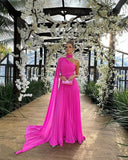 Elegant Long Chiffon Hot Pink Evening Dresses With Cape A-Line One Shoulder Prom Dress HZ1022