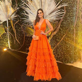 A Line Orange Long Prom Dresses V Neck Tiered Formal Dress HZ1022