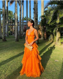 A Line Orange Long Prom Dresses V Neck Formal Dress Outfits HZ1022
