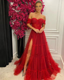 Bright Red long Tulle Prom Dress Evening Dresses for Women HZ1022