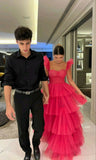 Hot Pink Tulle A-line Straps Long Evening Prom Dresses HZ1022