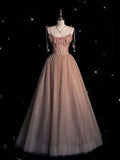 Fairy Ball Gown Straps Pink Tulle Prom Dresses Long Evening Dress HZ1022