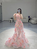 Fairy Ball Gown Strapless Pink Floral Prom Dresses Long Evening Dress HZ1022