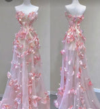 Fairy Ball Gown Strapless Pink Floral Prom Dresses Long Evening Dress HZ1022