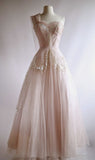 Fairy Ball Gown One Shoulder Pink Lace Prom Dresses Ankel Length Evening Dress HZ1022