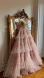 Fairy Ball Gown Strapless Pink Tiered Tulle Long Prom Dresses Evening Dress HZ1022