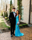 Sexy Mermaid V neckline Blue Sequin Prom Dresses Evening Dress HZ1022