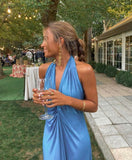 Simple Sheath Blue V Neckline Long Prom Dresses Evening Dress HZ1022