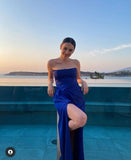 Sexy Sheath Strapless Royal Blue Slit Prom Dresses Evening Dress HZ1022