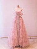 Princess Pink Tulle Prom Dresses Sequin Evening Dress HZ1022