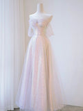 A line Off The Shoulder Tulle Pink Prom Dresses Evening Dress HZ1022