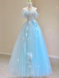 Fairy A line Blue Floral Prom Dresses Evening Dress HZ1022