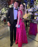 Sexy A line Long Hot Pink Lace Prom Dress Party Dress 22th Birthday Outfits HZ1022