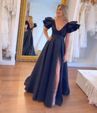 Sexy A line Long Navy Blue Prom Dress Party Dress 22th Birthday Outfits HZ1022