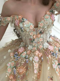 Off the Shoulder Champagne Lace Floral Long Prom Dresses Birthday Outfits HZ1022