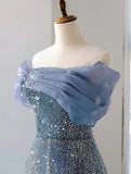 Modest Ball Gown Off The Shoulder Sequin Long Party Dress Gray Prom Dress HZ1022