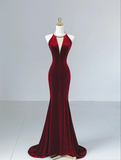 Modest Mermaid Scoop Neckline Burgundy Velvet Long Party Dress Prom Dress HZ1022