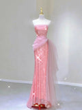 Modest Mermaid Strapless Pink Tulle Ruffles Long Party Dress Prom Dresses HZ1022