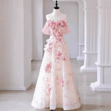 Sexy A Line Off The Shoulder Pink Tulle Floor Length Floral Prom Dresses HZ1022