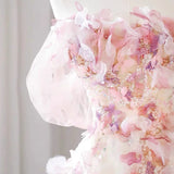 Sexy A Line Off The Shoulder Pink Tulle Floor Length Floral Prom Dresses HZ1022