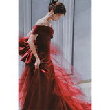 Sexy Mermaid Off The Shoulder Burgundy Tulle Floor Length Floral Prom Dresses HZ1022