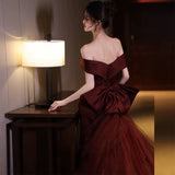 Sexy Mermaid Off The Shoulder Burgundy Tulle Floor Length Floral Prom Dresses HZ1022