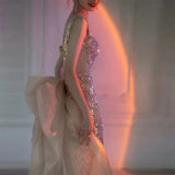 Sexy Mermaid Square Neckline Sequin Floor Length Floral Prom Dresses HZ1022