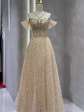 Vintage A Line Straps Champagne Tulle Long Prom Dresses Party Evening Dress HZ1022