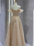 Vintage A Line Straps Champagne Tulle Long Prom Dresses Party Evening Dress HZ1022