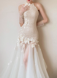 Chic Halter-Shoulder 3D Floral Tulle Floor-Length Wedding Dress HZ1022